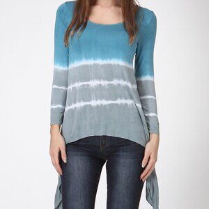 Tie Dye Tunic Top Asymmetrical Hem Boho Long Sleeve Flowy Shirt Blue Grey Size M